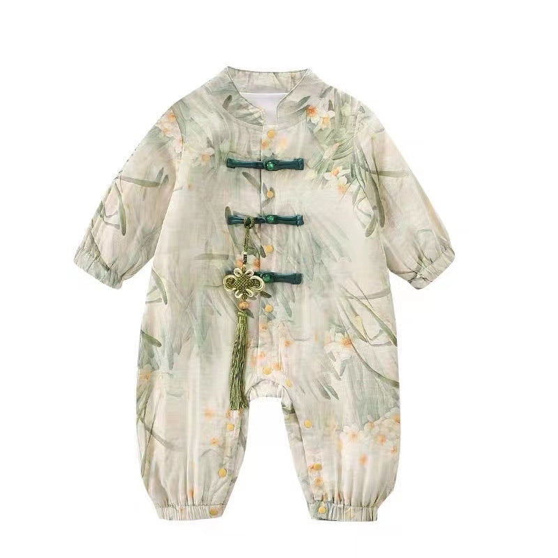 Spring autum baby chinese style double layer long sleeves jumpsuit autumn style male and female baby one-year-old dress 100-day banquet climbing suit