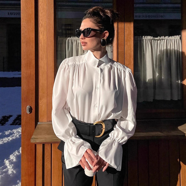 Fashion temperament French white bubble sleeve shirt women's 2025 autumn commuter cotton drape stand-up collar top women's clothing
