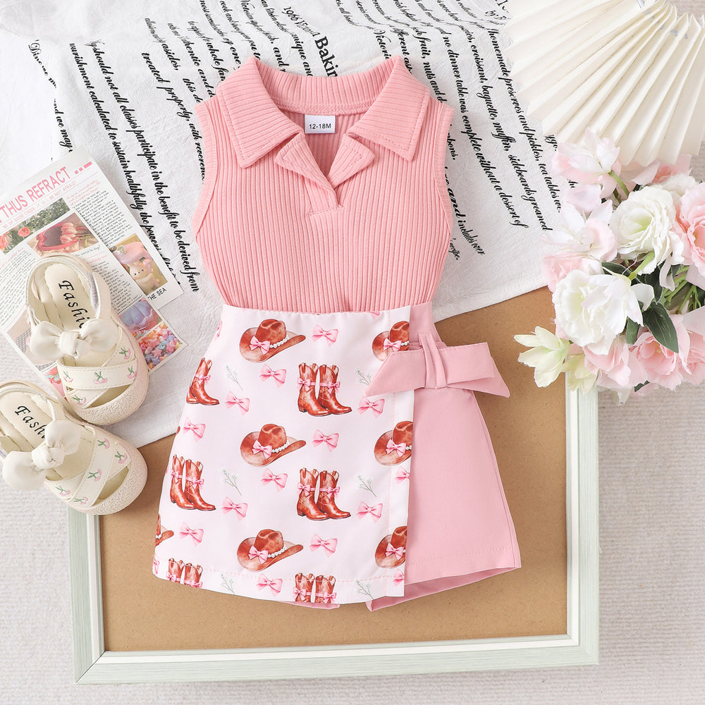 fashionsummer new pure color vest lapel a-line shorts skirt all-in-one children's clothing suit sweet cool style girl