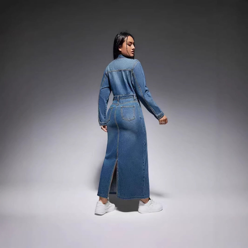 European and american new arrival cross-border women's clothing   long sleeve lapel button slit long fashionable dress for women