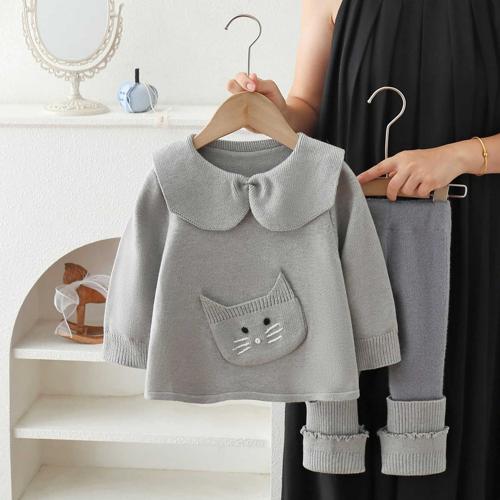 Girls' cartoon cat outfit: new korean style knitted cardigan & cute baby sweater leggings two-piece set