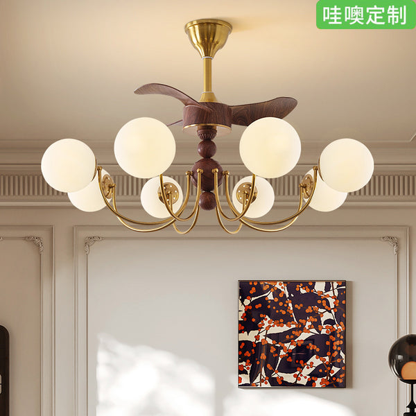 [Wow] French medieval magic bean chandelier integrated ceiling fan light retro living room fan light chandelier dining room light