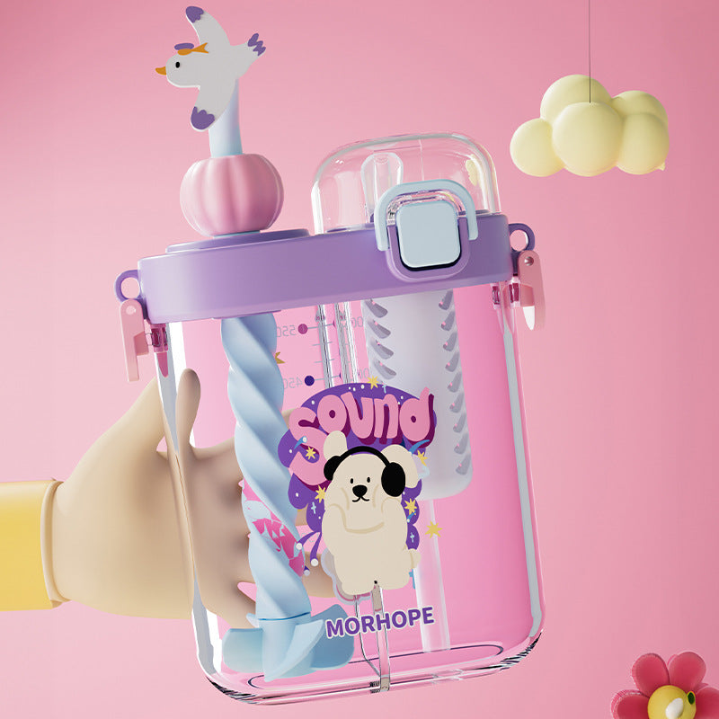 Summer double-drink kids' cup, portable straw cup for boys and girls, elementary school students' school water bottle, square water bottle with double compartments, cartoon cup