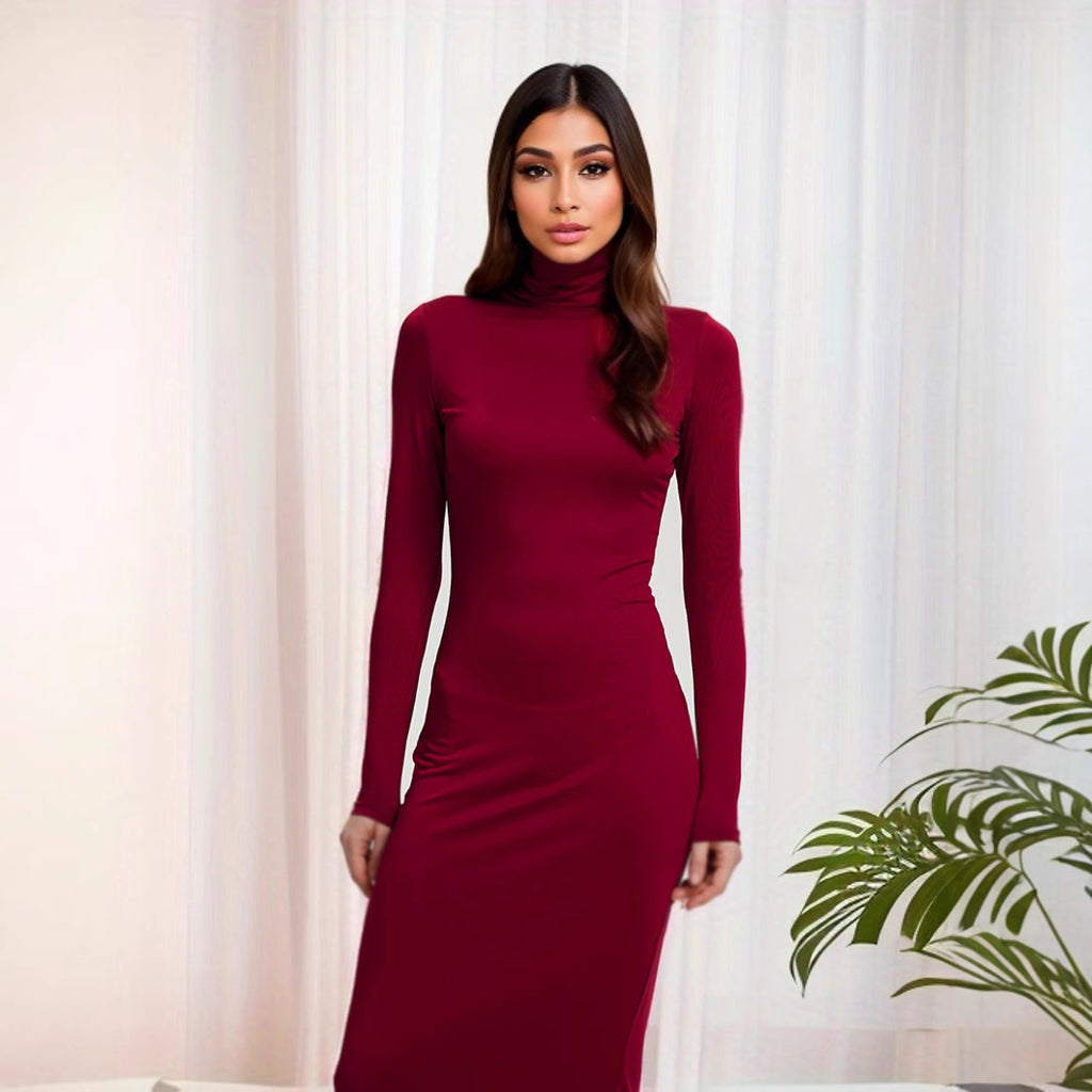 Europe and the United States  2025 winter independent station new women's fashion solid color slim-fitting turtleneck long-sleeved primer dress