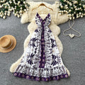 Vacation style v neckprinting suspender pure desire dress women's summer waist slimming lookruffles sleeveless elegant long skirt