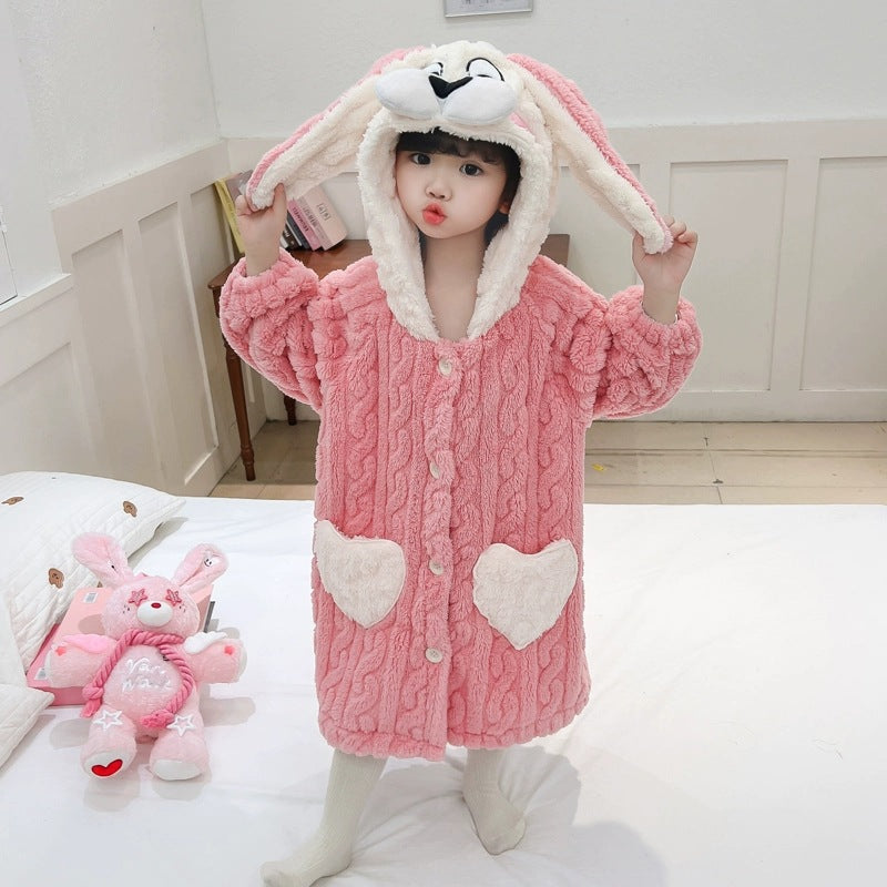 Girls' coral fleece pajamas - autumn/winter kids' robe - long, warm, wearable bathrobe for baby girls
