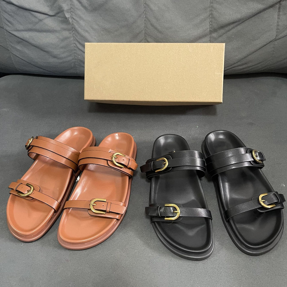 Spanish summer new arrival: women's black buckle-back open-toe sandals - breathable, round-toe, fashionable flat sandals