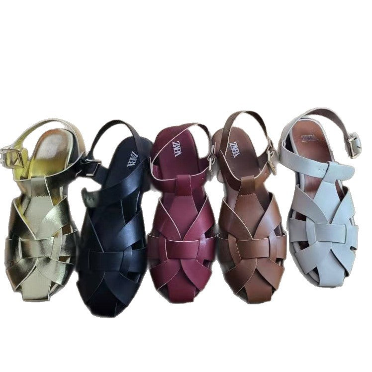 Za2025 korean style woven flat roman sandals women's summer new collection closed-toe back strap ladies sandals