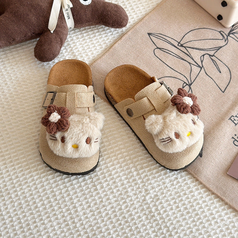 Kids female retro cat birkenstock slippers outwear2025 spring autum cartoon cute plaid girl baotou new arrival