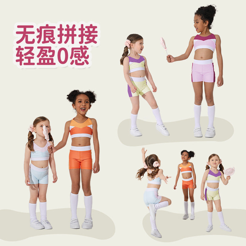 Fresh and girly, high-stretch, color-blocked yoga outfit for kids. quick-drying set includes a running, training, and fitness compression sports top