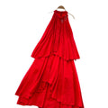 French-inspired, three-dimensional floral halter neck sleeveless dress for women. loose-fitting, slimming, casual, and featuring an asymmetrical hem in a vibrant red