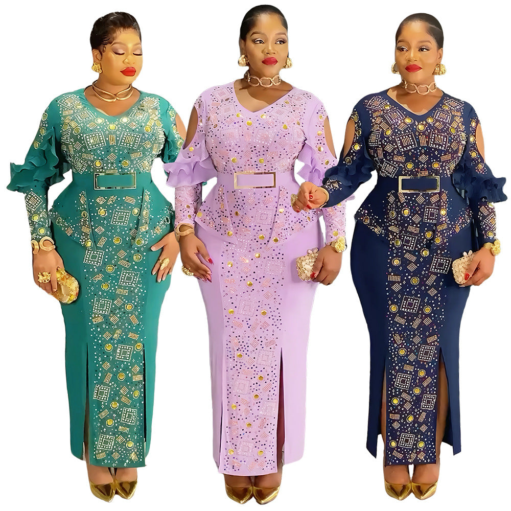 african women's plus size new elegant fashion rhinestone beaded bodycon dress evening gown