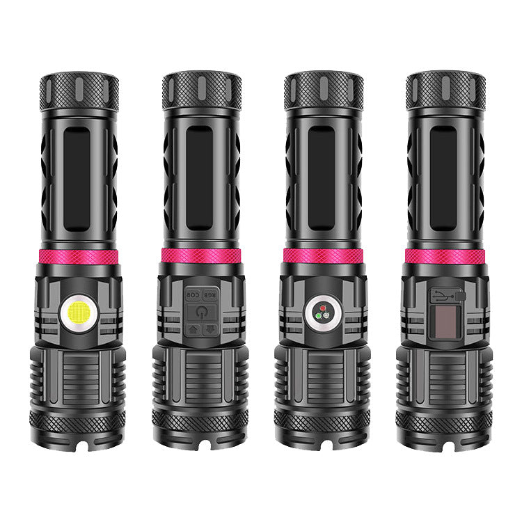 Cross-border new XHP-160 strong light intelligent power blue red green white light retractable USB charging high power flashlight