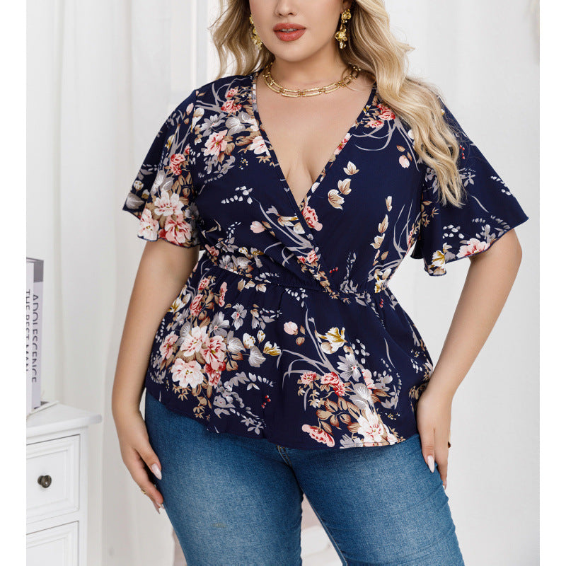 plus size cross-border new arrival  women's original elegant v-neck printed blouse