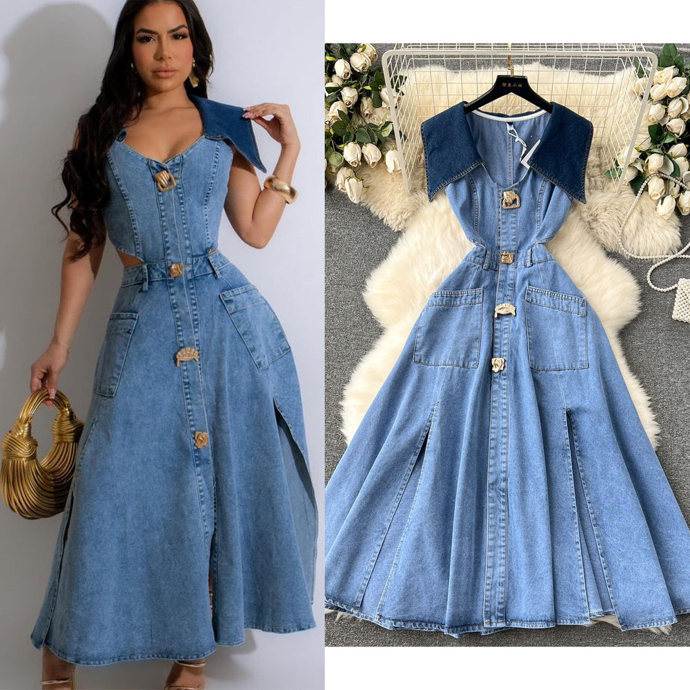 Sense of design large lapel sleeveless vest dress female heart cut out exposed waist silmlongchinese ancient style denim dress female
