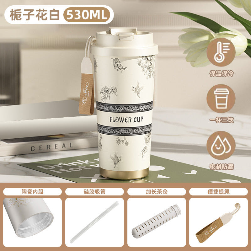 Ceramic-lined coffee mug, 316 stainless steel, high-style straw water bottle, insulated tumbler, portable travel mug, gift cup