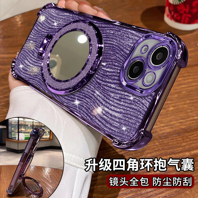 Suitable for apple 17pro mobile phone case, four-corner water ripple glitter mirror magnetic holder iphone16 protective cover