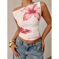 Women's printed one-shoulder ruched slim-fit cropped tee, casual everyday wear, women's spring/summer fashion top