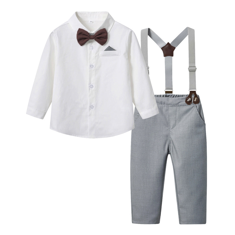 Korean style new children's clothing long-sleeve shirt overalls bow tie first birthday outfit boys' clothes factory wholesale
