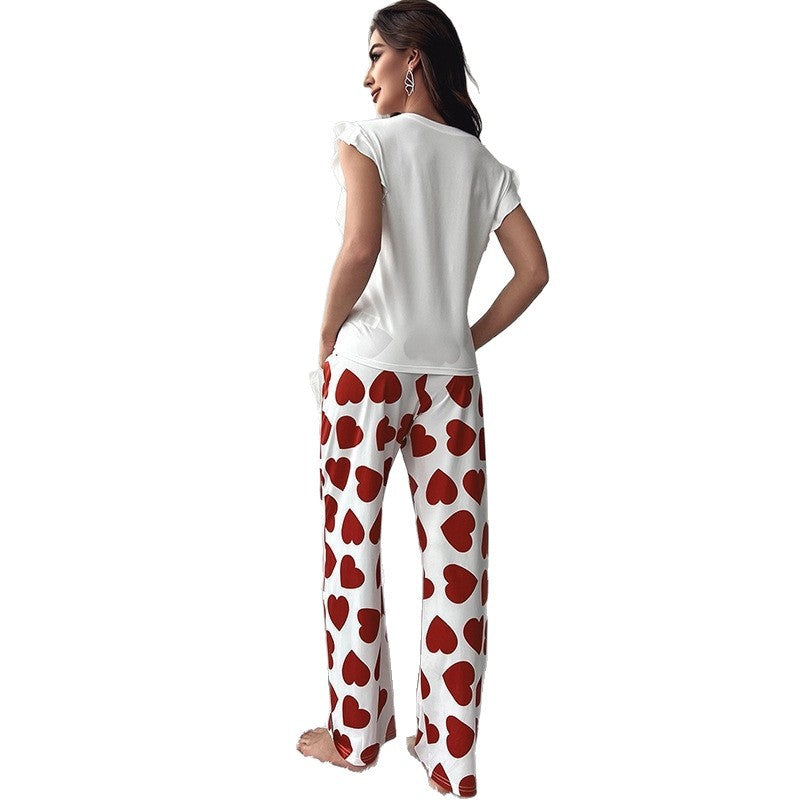 european and american new women's loungewear set: heart print flutter sleeve tee and casual pants pajama two-piece