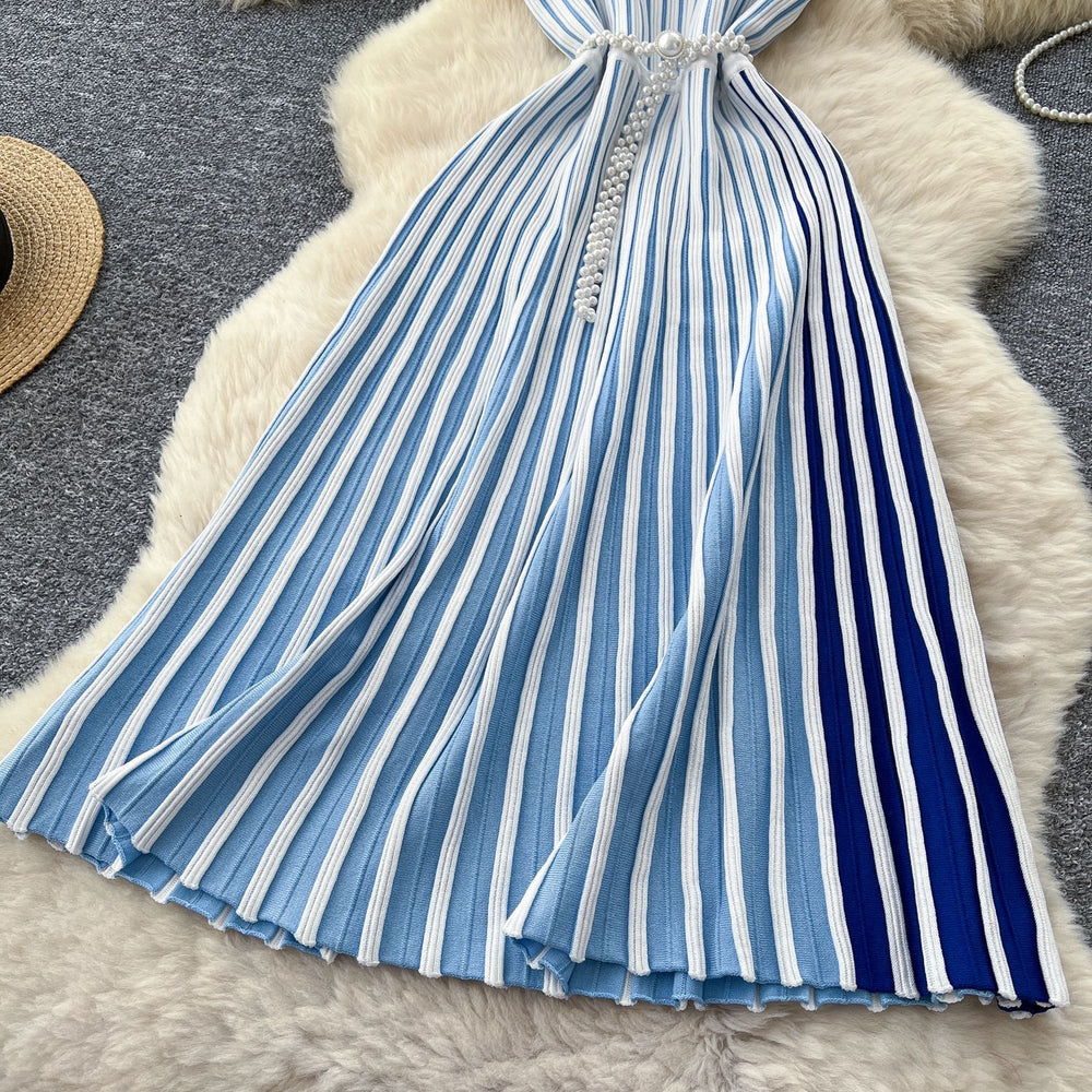 European and american style sleeveless knitted striped dress - women's summer asymmetrical neck belted midi dress - mature and chic