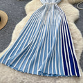 European and american style sleeveless knitted striped dress - women's summer asymmetrical neck belted midi dress - mature and chic