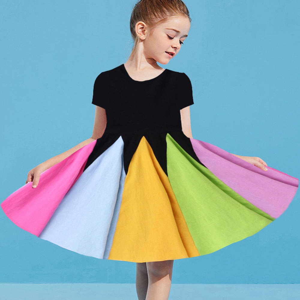 Store manager's pick: new autumn/winter girls' dress - short sleeve crew neck rainbow princess skirt with color block design