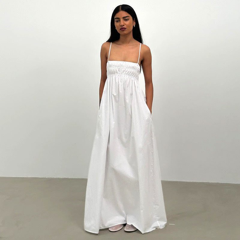summer new european and american style women's solid color camisole shirred long dress sleeveless casual comfortable dress