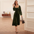european and american women's clothing  fall/winter new collection: french retro slim-fit square neck a-line long sleeve velvet dress