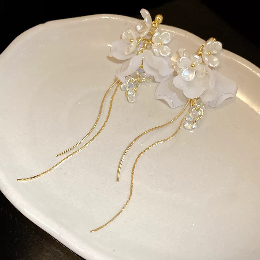 French romantic long floral tassel earrings - luxurious, elegant, and chic. a statement piece for the modern woman