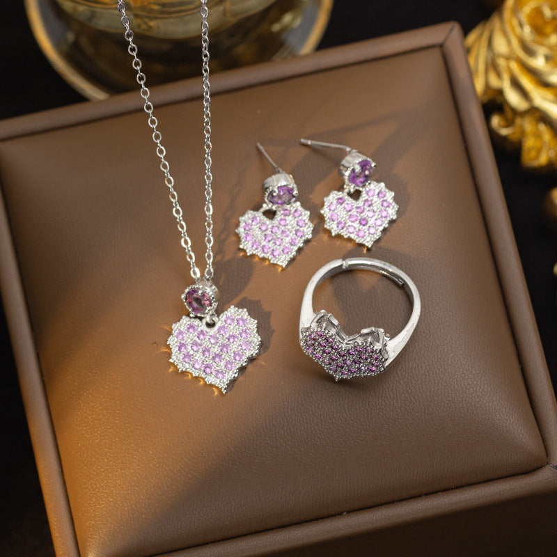 【set】titanium steel necklace for women, sweet full diamond dreamy purple heart pendant earrings, high-end elegant jewelry set