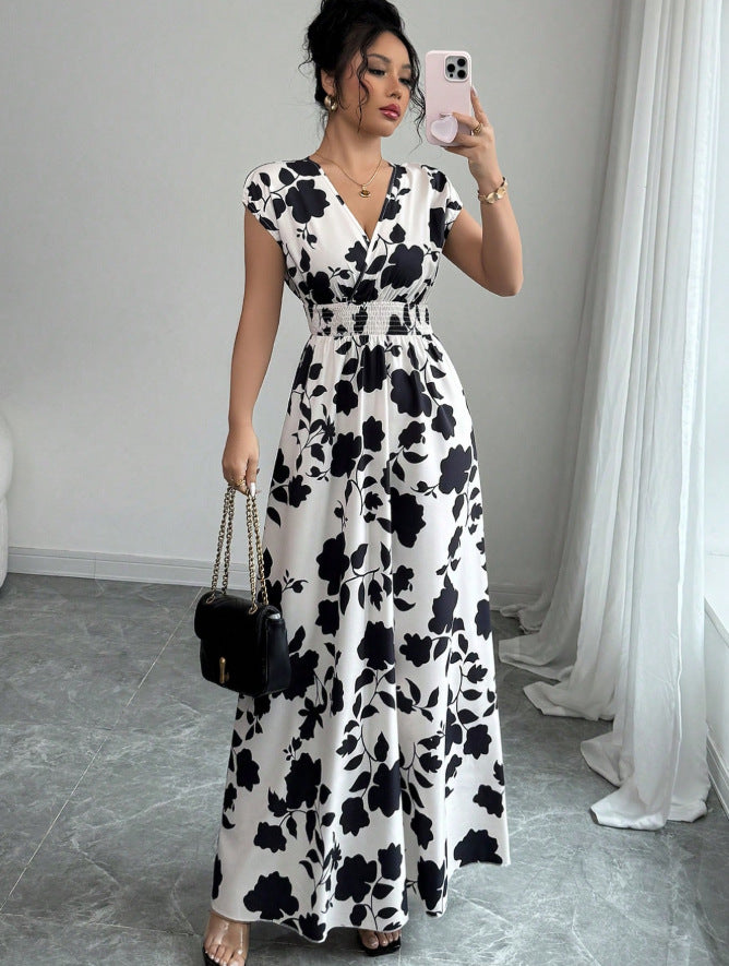 european and american new arrival cross-border french v-neck printed dress