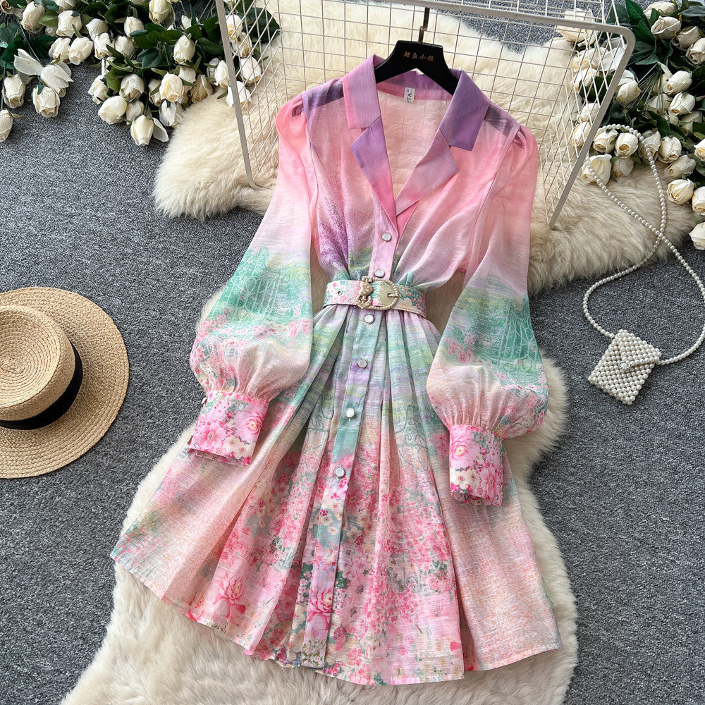 French romantic gradient print dress - women's summer long sleeve single-breasted cinched waist tie elegant maxi dress
