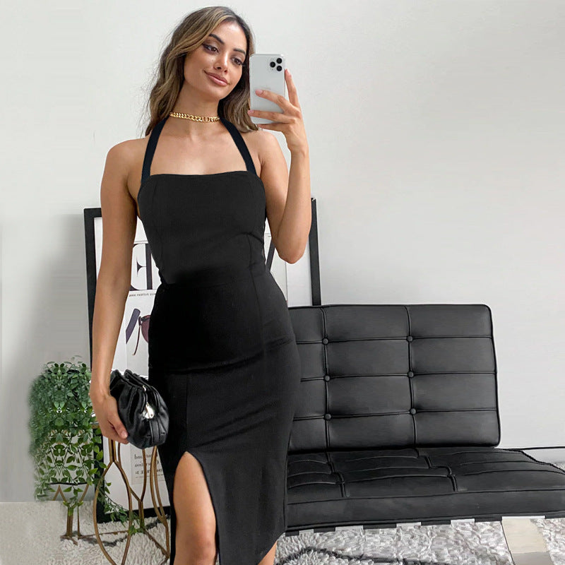 Source Factory Independent Station New Women's Clothing 2023 Summer European and American Temperament Elegant and Sexy Backless Neck Dress