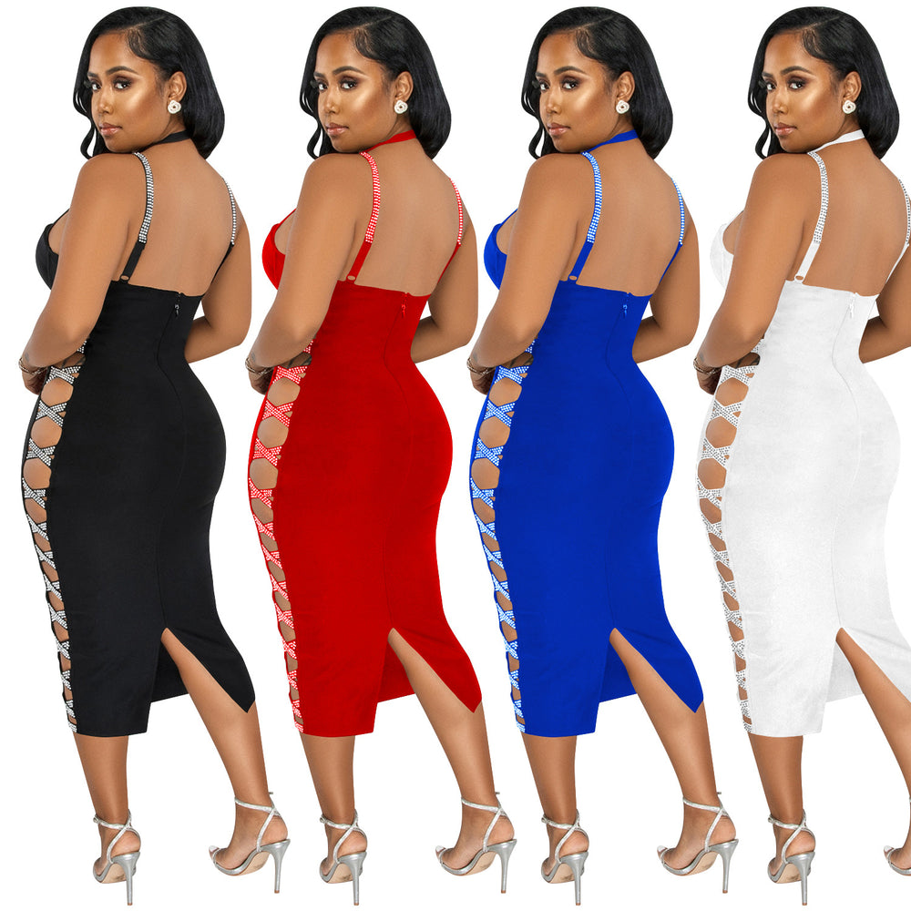 X5657 cross-border new arrival: solid color sexy camisole cutout zipper maxi dress with slit - perfect for  and