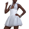 European and american cross-border women's fashion:  summer new arrival - elegant halter neck tie-up mesh high-waisted a-line slip dress