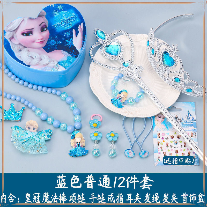 Crown Tiara Children's Little Princess Crown Magic Wand Hair Accessories Set Princess Elsa Necklace Girls Jewelry Box
