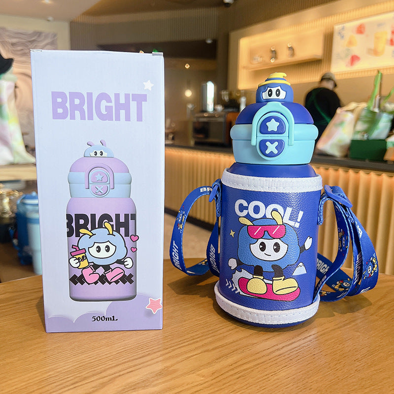 High-value 316 stainless steel food-grade cute cartoon double-drink straw water bottle gift for kids (plush toy design)