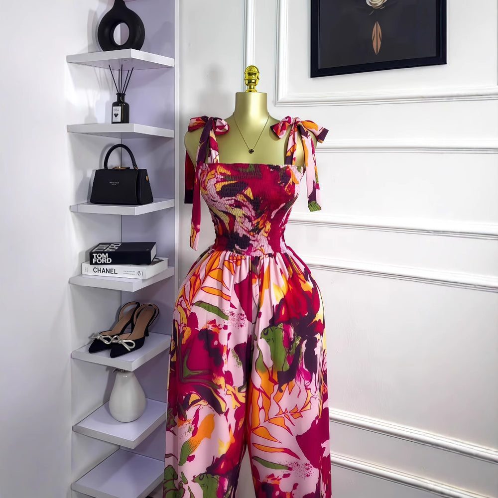 European and american cross-border women's summer  new sleeveless bow-tie bandeau waist-cinching long printed jumpsuit