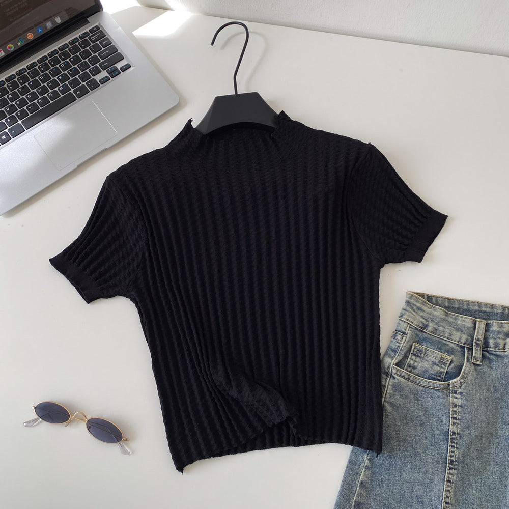 Retrowork clothing style half turtleneck knitting short-sleeved cardigan women's summer age-reducing silmslimming lookeasiest for matchsweatertops