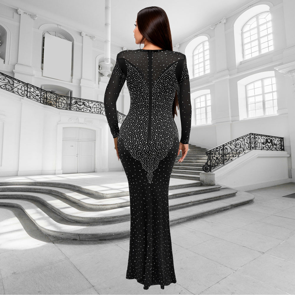 C7139 cross-border   fashion women's long-sleeve bodycon dress with rhinestone detailing - sexy and figure-flattering