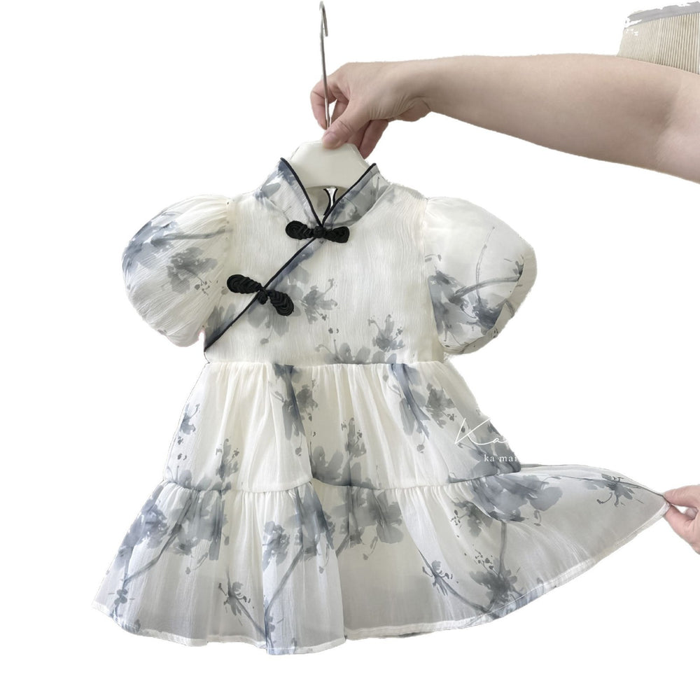 Girl cheongsam dress summer new elegant baby girl chinese style ink retro dress skirt puff sleeve trendy