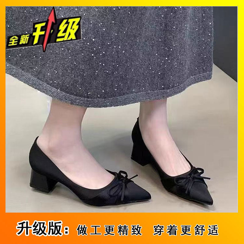 Bowknot single shoes for women, new autumn/winter 2025 collection, satin chunky heel, slip-on low heel pointed toe pumps