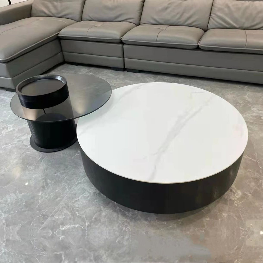 Black rock slab italian minimalist coffee table - modern simple living room home use, small to large round tea table, high-end designer style