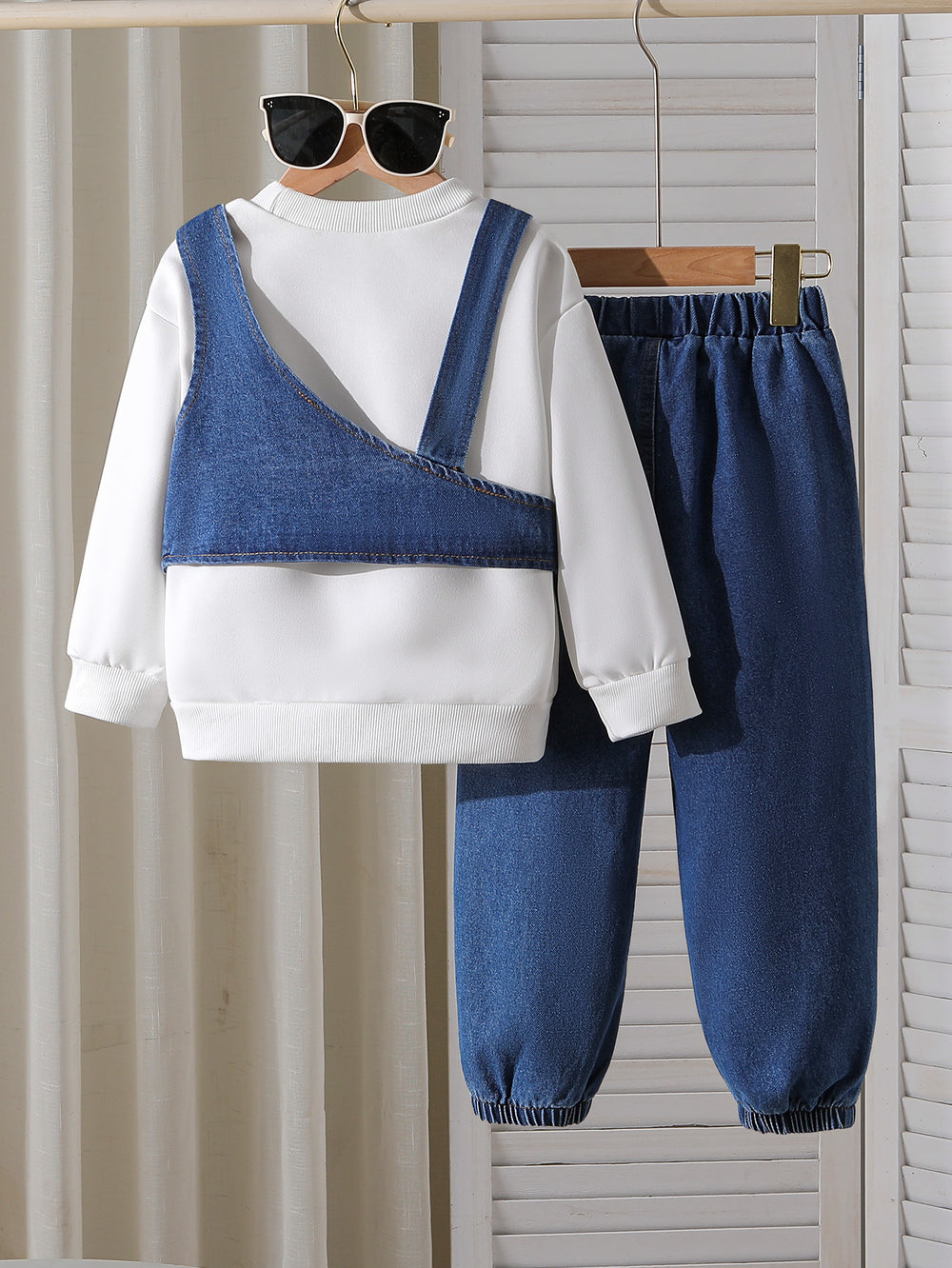 children's autumn and winter denim suit white round neck sweatshirt + denim vest pants suit three-piece set