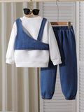 children's autumn and winter denim suit white round neck sweatshirt + denim vest pants suit three-piece set