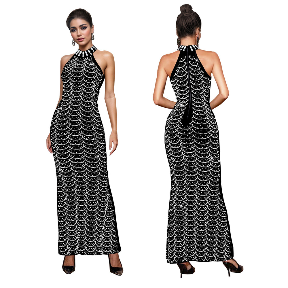 C7140 cross-border   fashion women's halter neck elegant maxi dress rhinestone slim fit dress