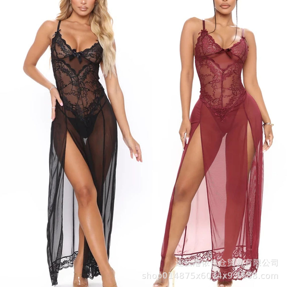 Suspender long skirt sexy intimates fashionplus sizesexylace pajamas cross-border floor-length skirt side slit see-through mesh