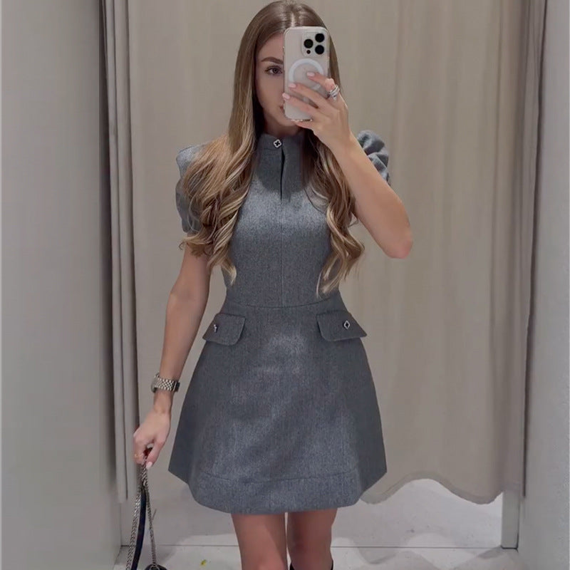 European and american women's clothing  autumn new collection: sweet and fresh stand collar puff sleeve patch pocket high waist slimming a-line mini skirt