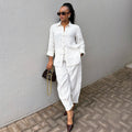 European and american women's clothing  autumn new collection: sweet and fresh striped turn-down collar long-sleeve shirt and high-waisted cropped pants two-piece set
